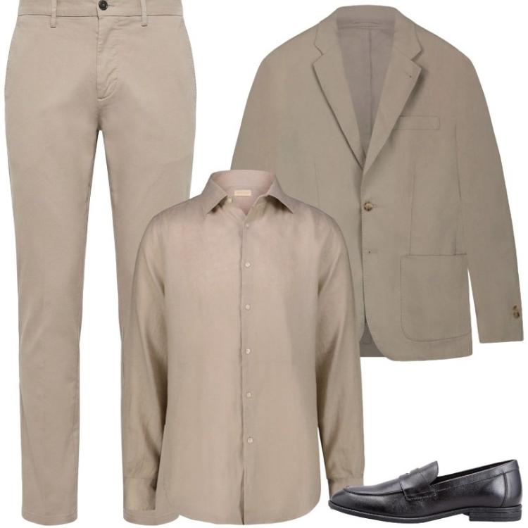 Outfit uomo - Beige a ottobre. Stile Business/Elegante per Tutti i giorni. Abbinamento con pantaloni, camicie, giacche, scarpe stringate.