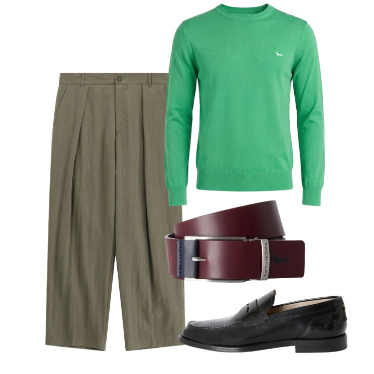 Outfit uomo - Verde settembre. Stile Trendy per Serata speciale. Abbinamento con cinture, pullovers, scarpe stringate, pantaloni.
