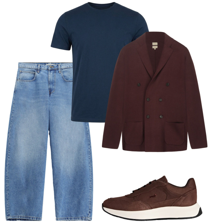 Outfit uomo - Settembre caffè. Stile Trendy per Tutti i giorni. Abbinamento con sneakers, t-shirt, jeans, cardigans.