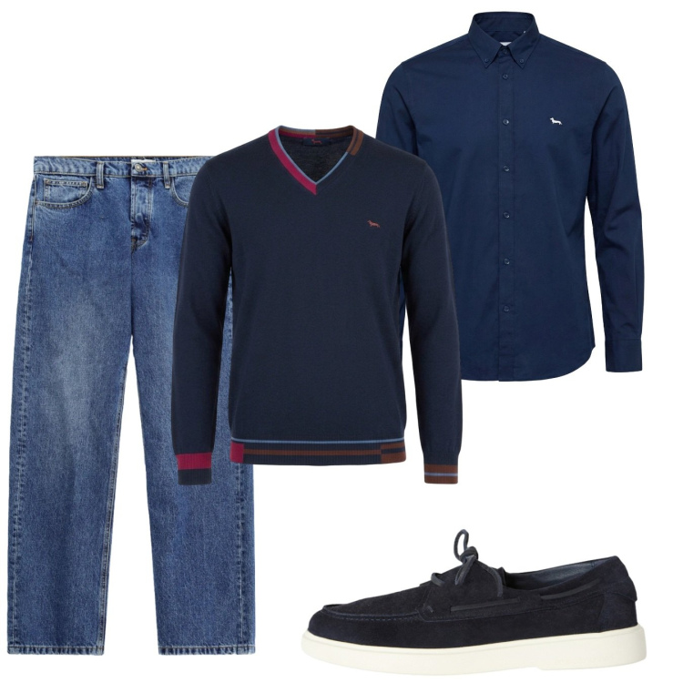 Outfit uomo - Settembre. Stile Casual per Tutti i giorni. Abbinamento con maglieria, scarpe stringate, camicie, jeans.
