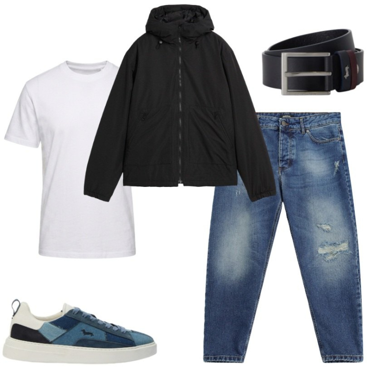 Outfit uomo - Total look #2474826. Stile Casual per Tutti i giorni. Abbinamento con t-shirt, cinture, sneakers, jeans strappati, giacche.