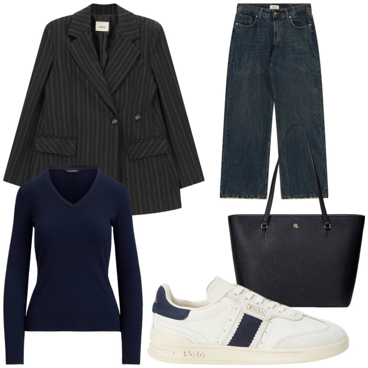 Outfit donna - Iconic Business Woman. Stile Casual chic per Ufficio. Abbinamento con jeans, blazer, borse tote, sneakers, maglieria.