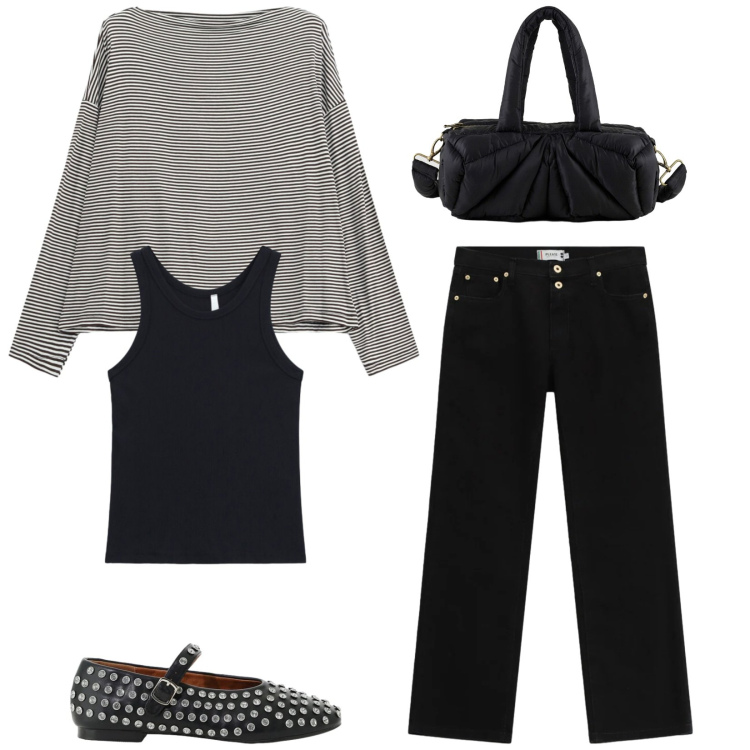 Outfit donna - City. Stile Urban per Tutti i giorni. Abbinamento con canottiere, pantaloni, ballerine, t-shirt, borse a mano.