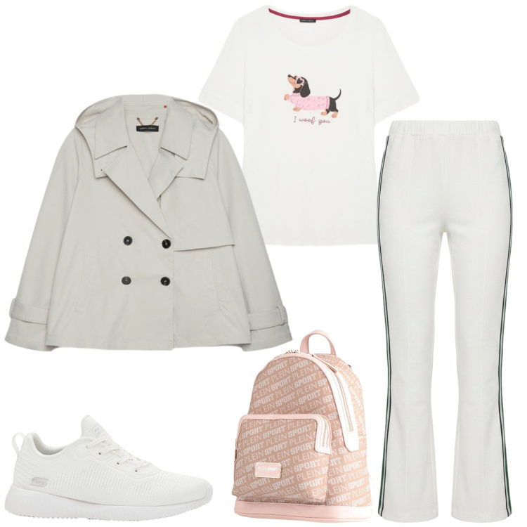 Outfit donna - Total look #2474842. Stile Sporty chic per Tutti i giorni. Abbinamento con zaini, sneakers, pantaloni, trench, t-shirt.