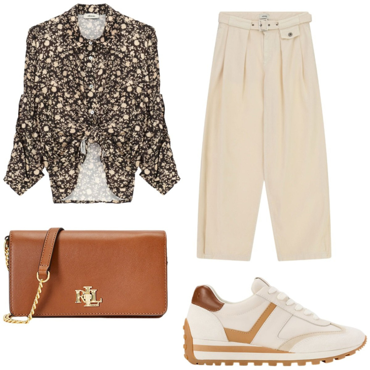 Outfit donna - Iconic Business Woman. Stile Casual chic per Ufficio. Abbinamento con camicie, pantaloni a palazzo, sneakers, borse a mano.