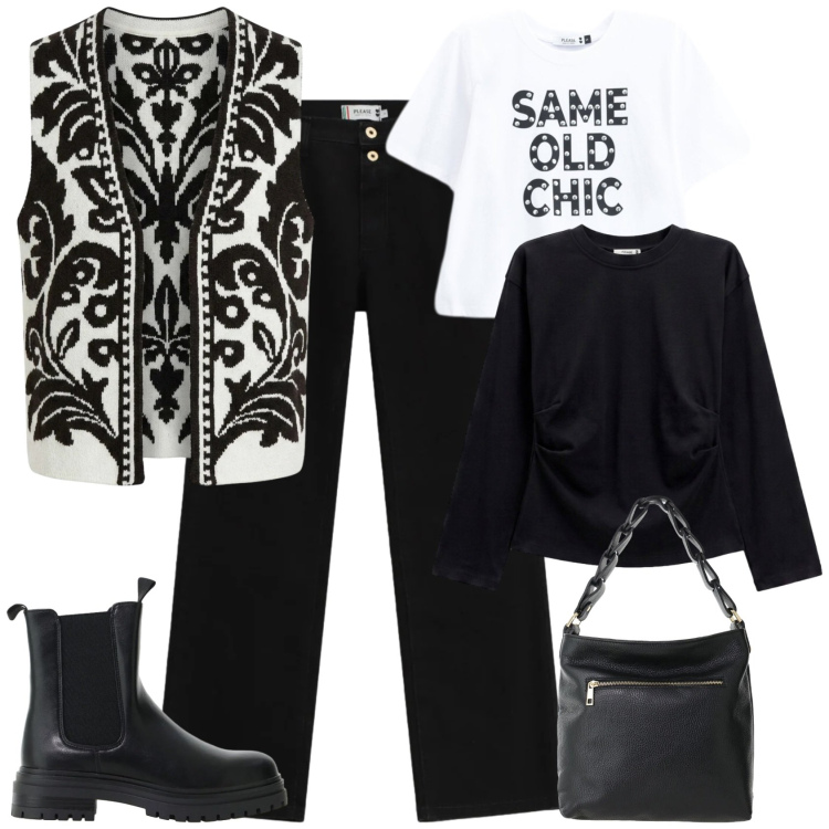 Outfit donna - Urban chic ufficio tempo libero. Stile Urban per Tutti i giorni. Abbinamento con stivaletti chelsea, borse a spalla, gilet, pantaloni, felpe, t-shirt.