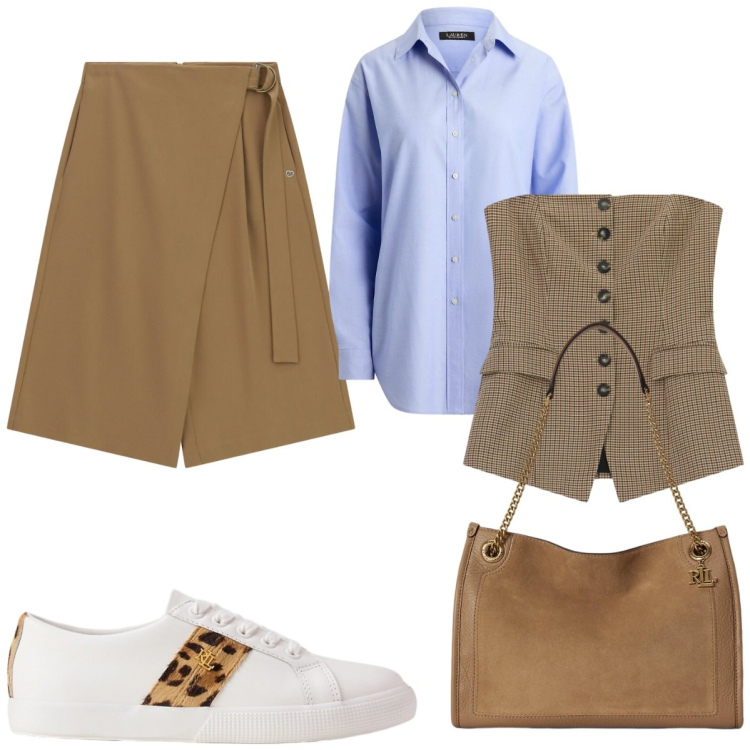 Outfit donna - Iconic Business Woman. Stile Chic per Ufficio. Abbinamento con top, pantaloni corti, sneakers, borse tote, camicie.