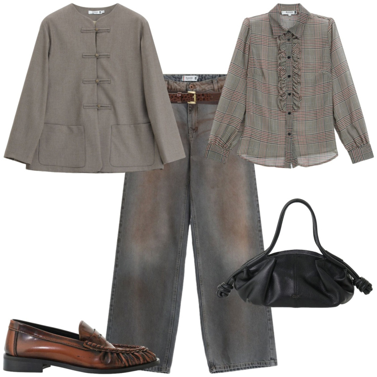 Outfit donna - Urban chic ufficio tempo libero. Stile Urban per Tutti i giorni. Abbinamento con mocassini, blazer, jeans dritti, camicie, borse a mano, cinture.