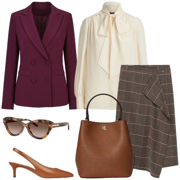 Outfit donna - Total look #2474866. Stile Chic per Ufficio. Abbinamento con gonne longuette, blazer, décolleté, borse a secchiello, occhiali da sole, camicie.