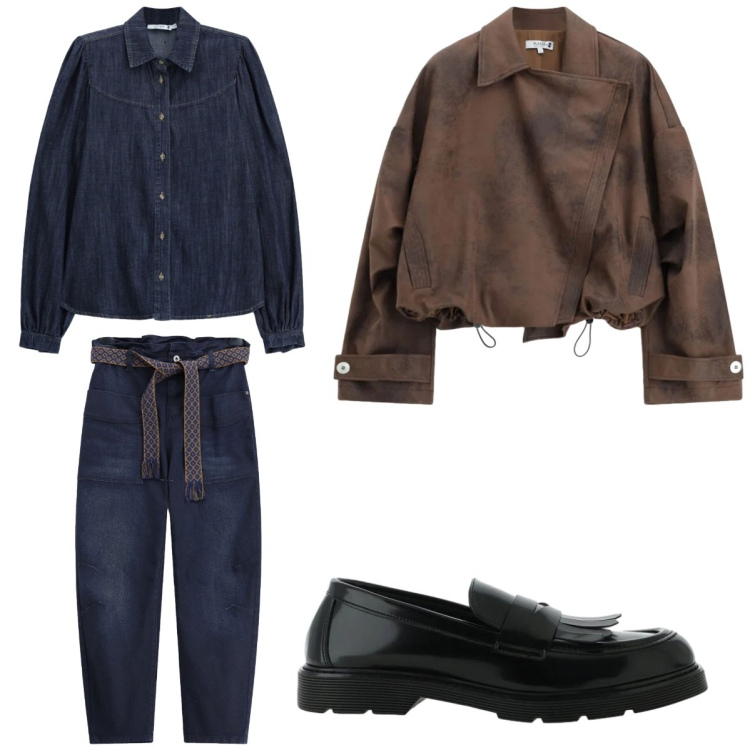 Outfit donna - Please FW26. Stile Casual per Tutti i giorni. Abbinamento con jeans slim fit, camicie, bomber, mocassini.