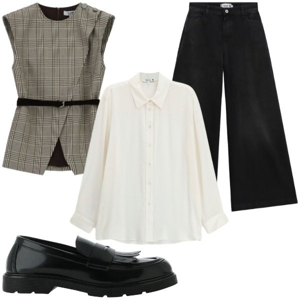 Outfit donna - spirito street ed eleganza. Stile Casual chic per Tutti i giorni. Abbinamento con gilet, jeans, camicie, mocassini.