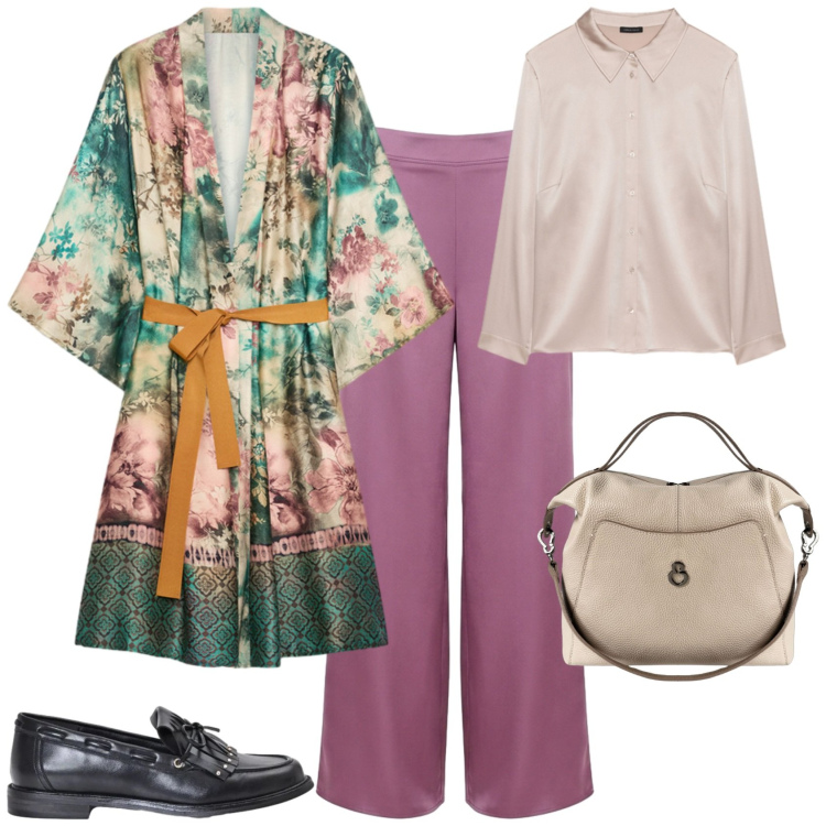 Outfit donna - Romantica casual ufficio tempo libero. Stile Romantica per Tutti i giorni. Abbinamento con mocassini, pantaloni a palazzo, kimono, camicie, borse a mano.