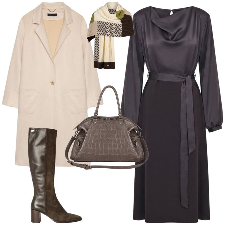 Outfit donna - Casual chic ufficio tempo libero. Stile Casual chic per Tutti i giorni. Abbinamento con sciarpe, stivali, vestiti midi/longuette, cappotti, shopping bag.