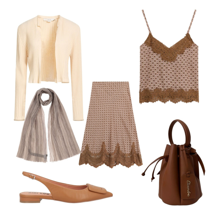 Outfit donna - Autunno caldo!. Stile Glamour per Serata fuori. Abbinamento con sciarpe, cardigans, ballerine, gonne longuette, top, borse a secchiello.