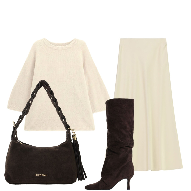 Outfit donna - Stile Imperial. Stile Chic per Tutti i giorni. Abbinamento con gonne lunghe, borse a spalla, stivali, maglieria.