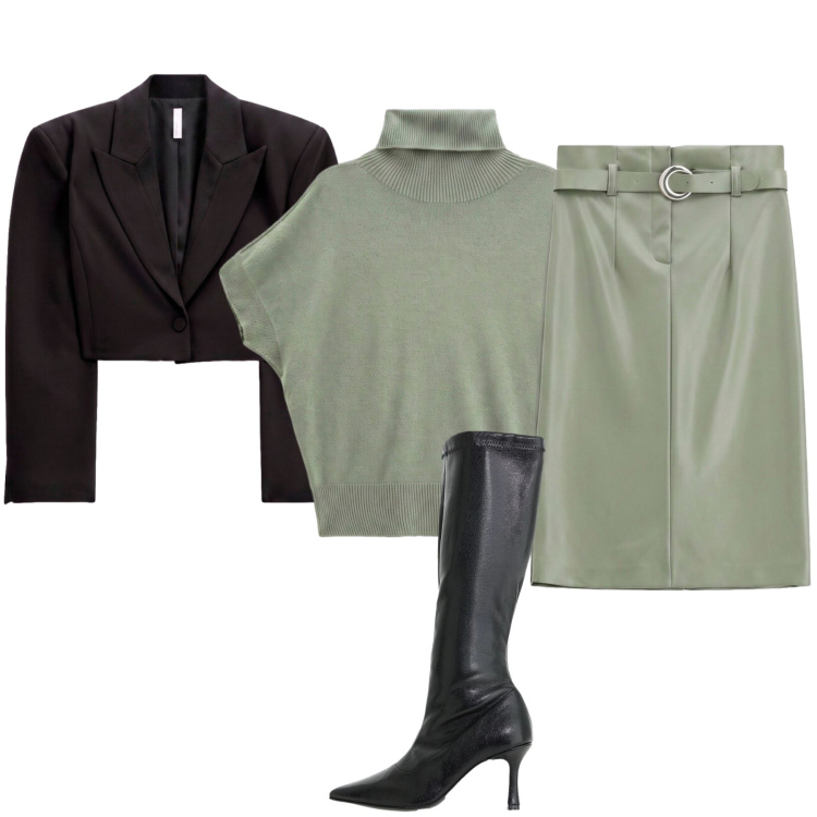 Outfit donna - Back to Office ma con stile. Stile Chic per Serata fuori. Abbinamento con t-shirt, gonne longuette, blazer, stivali.