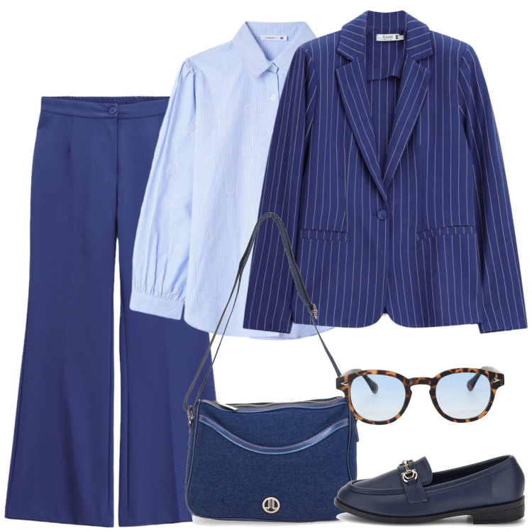 Outfit donna - Il diavolo veste Prada. Stile Mannish per Ufficio. Abbinamento con camicie, pantaloni a palazzo, occhiali da sole, blazer, borse a tracolla, mocassini.