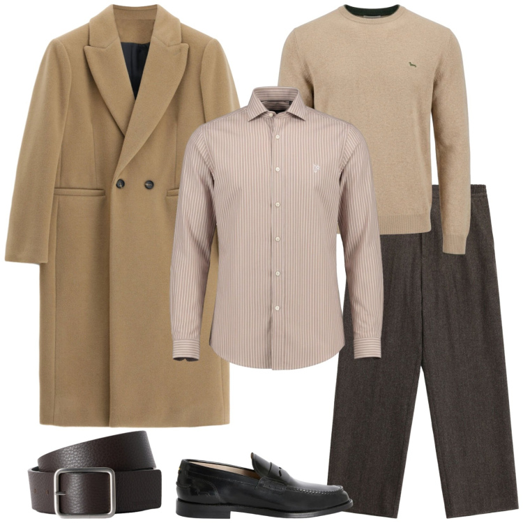 Outfit uomo - Total look #2474899. Stile Business/Elegante per Ufficio. Abbinamento con maglieria, camicie, cinture, scarpe stringate, pantaloni, cappotti.