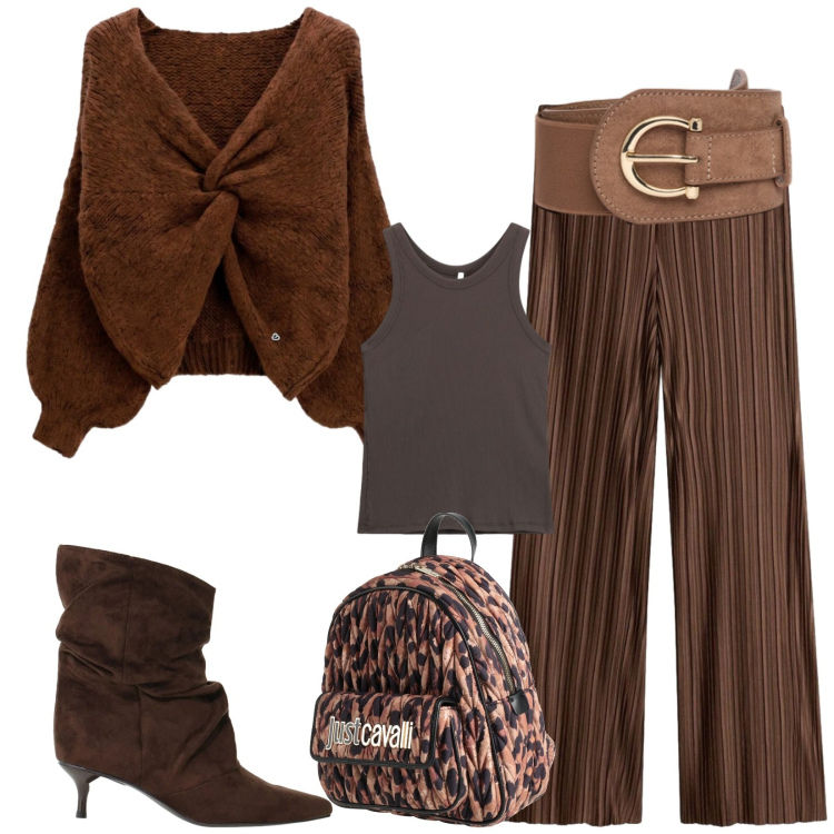 Outfit donna - Total look #2474900. Stile Glamour per Serata fuori. Abbinamento con zaini, pantaloni a palazzo, canottiere, stivali, maglieria, cinture.