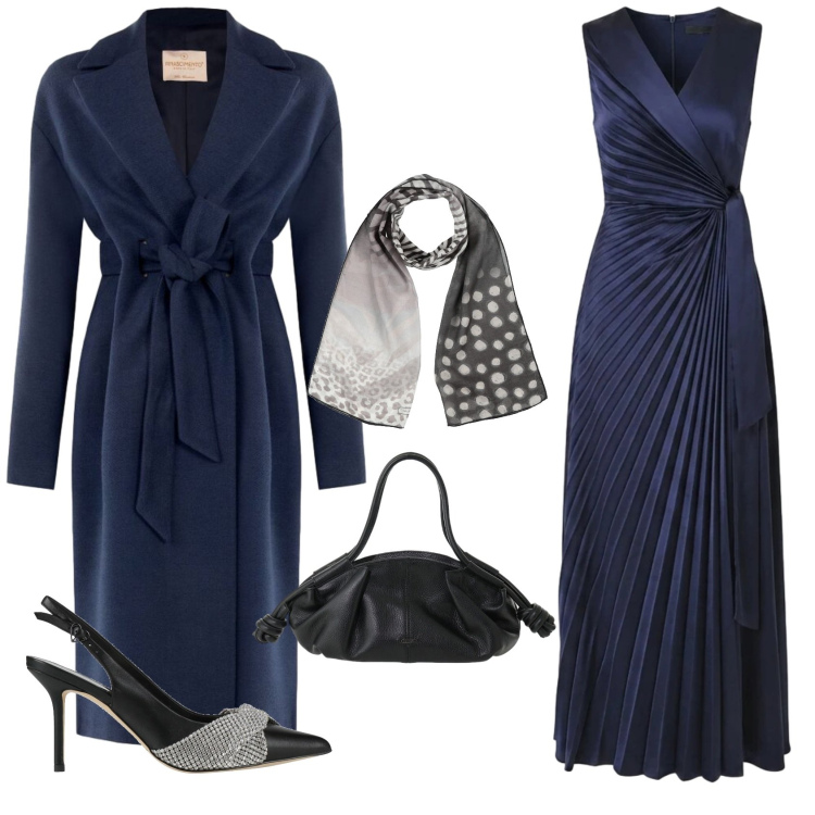 Outfit donna - Serata in blu. Stile Romantica per Serata fuori. Abbinamento con décolleté, sciarpe, borse a mano, cappotti, vestiti lunghi.