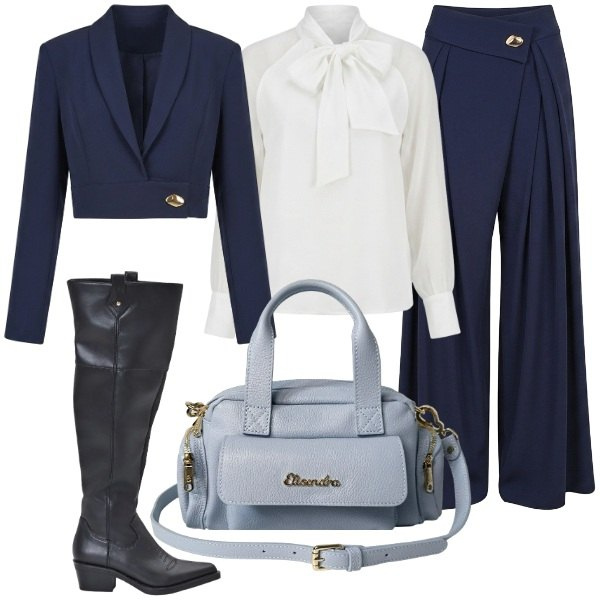 Outfit donna - Pantalone palazzo e blusa in seta. Stile Glamour per Tutti i giorni. Abbinamento con borse a mano, pantaloni a palazzo, blazer, stivali, bluse.