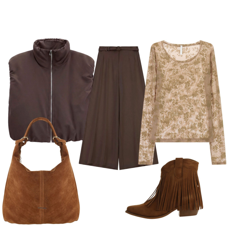 Outfit donna - In città. Stile Glamour per Tutti i giorni. Abbinamento con top, pantaloni a palazzo, piumini, stivaletti texani, borse a spalla.