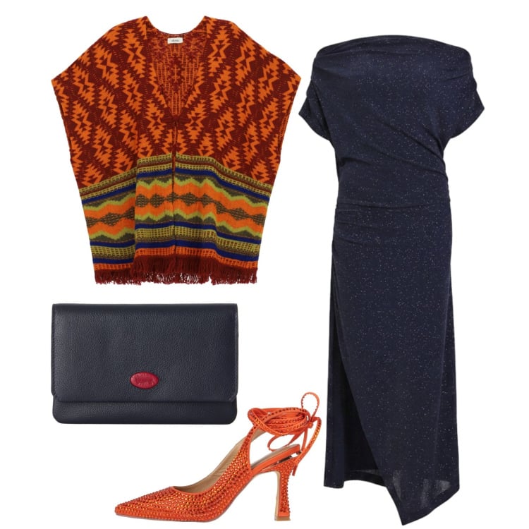 Outfit donna - Il poncho sopra l\'abito elegante. Stile Chic per Cerimonia. Abbinamento con décolleté, portafogli, cappotti, vestiti lunghi.