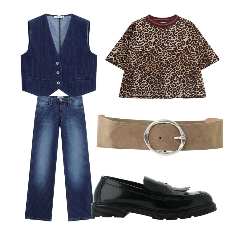 Outfit donna - Please energia metropolitana. Stile Urban per Ufficio. Abbinamento con jeans dritti, gilet, t-shirt, mocassini, cinture.