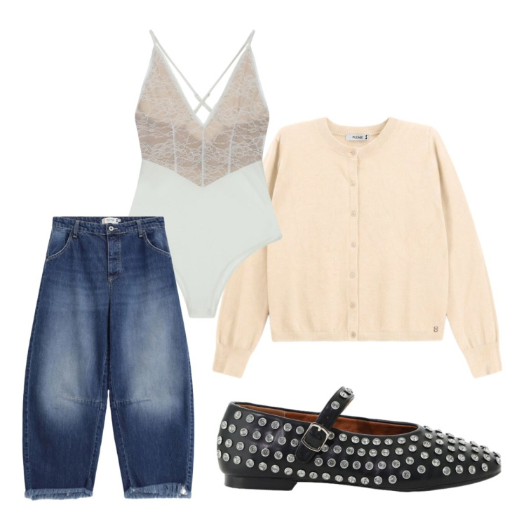 Outfit donna - Please fresca e irriverente. Stile Urban per Scuola/Università. Abbinamento con body, cardigans, jeans, ballerine.