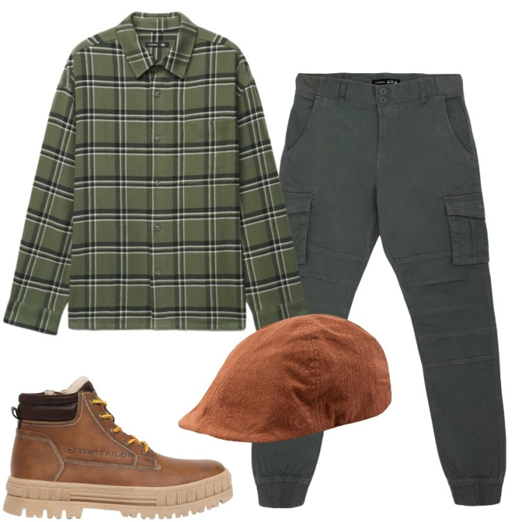 Outfit uomo - Passeggiata tra i boschi. Stile Casual per Tutti i giorni. Abbinamento con cappelli con visiera, pantaloni cargo, camicie, stivali e stivaletti.