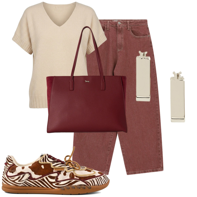 Outfit donna - L\' estate continua nei toni autunnali. Stile Casual per Tutti i giorni. Abbinamento con shopping bag, jeans, orecchini, maglieria, sneakers.