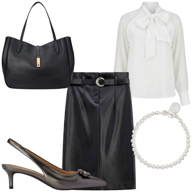 Outfit donna - Rachel Green Style. Stile Bon Ton per Ufficio. Abbinamento con gonne longuette, bluse, braccialetti, borse tote, décolleté.