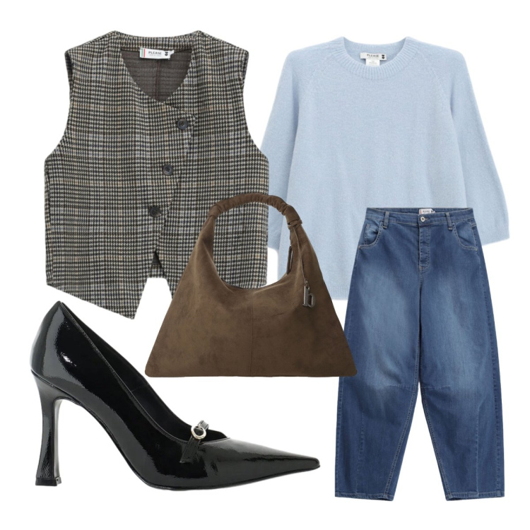 Outfit donna - Please protagonisti il gilet. Stile Urban per Ufficio. Abbinamento con décolleté, gilet, jeans, maglieria, borse a spalla.
