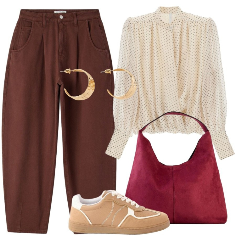 Outfit donna - Una splendida camicia. Stile Romantica per Ufficio. Abbinamento con borse a spalla, orecchini, sneakers, pantaloni, camicie.