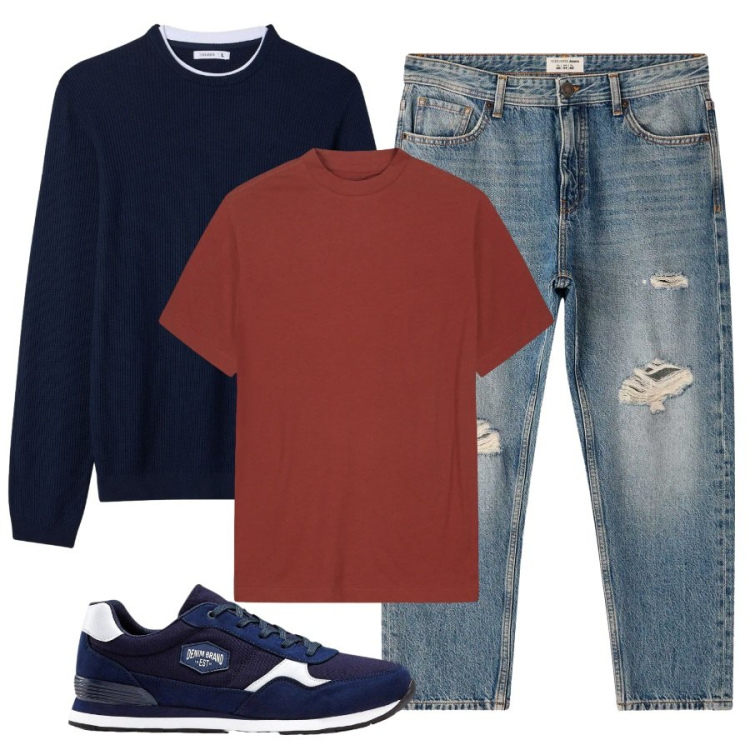 Outfit uomo - Serata con gli wmici. Stile Casual per Serata speciale. Abbinamento con t-shirt, jeans strappati, maglieria, sneakers.
