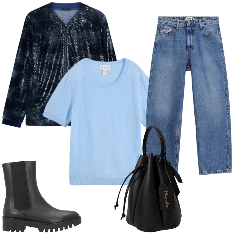 Outfit donna - Total look #2474946. Stile Casual chic per Tutti i giorni. Abbinamento con stivaletti chelsea, t-shirt, jeans dritti, felpe, borse a secchiello.