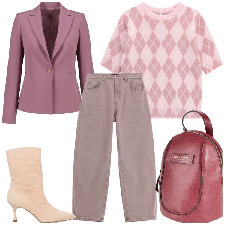 Outfit donna - Total look #2474947. Stile Casual chic per Tutti i giorni. Abbinamento con stivaletti, zaini, maglieria, jeans, blazer.
