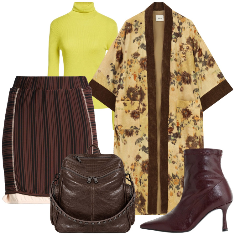 Outfit donna - Total look #2474948. Stile Casual chic per Tutti i giorni. Abbinamento con minigonne, maglieria, stivaletti, kimono, zaini.