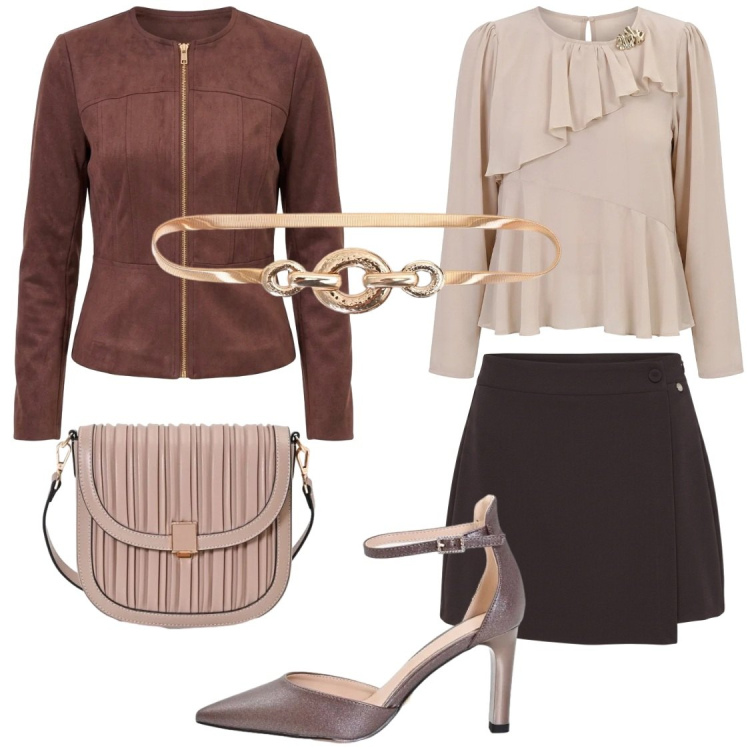 Outfit donna - Rinascimento dietro la trama. Stile Casual chic per Serata fuori. Abbinamento con blazer, bluse, gonne, cinture, borse a tracolla, décolleté.