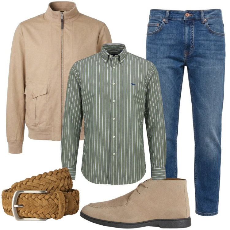 Outfit uomo - Toni tenui in uficio. Stile Casual per Ufficio. Abbinamento con stivali e stivaletti, cinture, camicie, jeans, bomber.