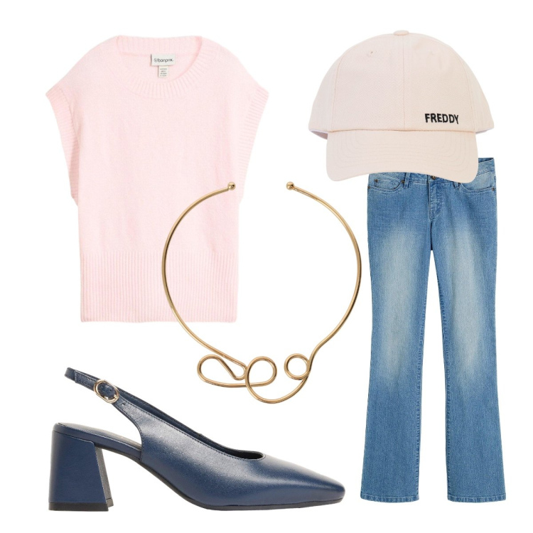 Outfit donna - Settembre. Stile Sporty chic per Tutti i giorni. Abbinamento con jeans bootcut, décolleté, maglieria, cappelli con visiera, collane.
