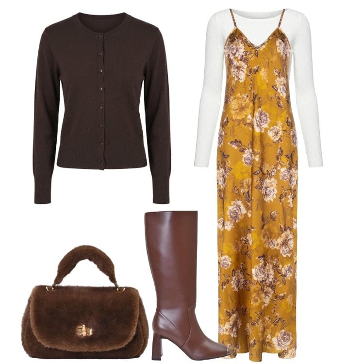 Outfit donna - Inspo Anni ‘90 e Layering D’effetto.. Stile Vintage retrò per Tutti i giorni. Abbinamento con t-shirt, borse a mano, stivali sopra il ginocchio, vestiti lunghi, cardigans.