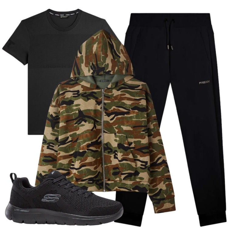 Outfit uomo - Sport all'aria aperta. Stile Casual per Sport. Abbinamento con pantaloni, t-shirt, felpe con cappuccio, sneakers.