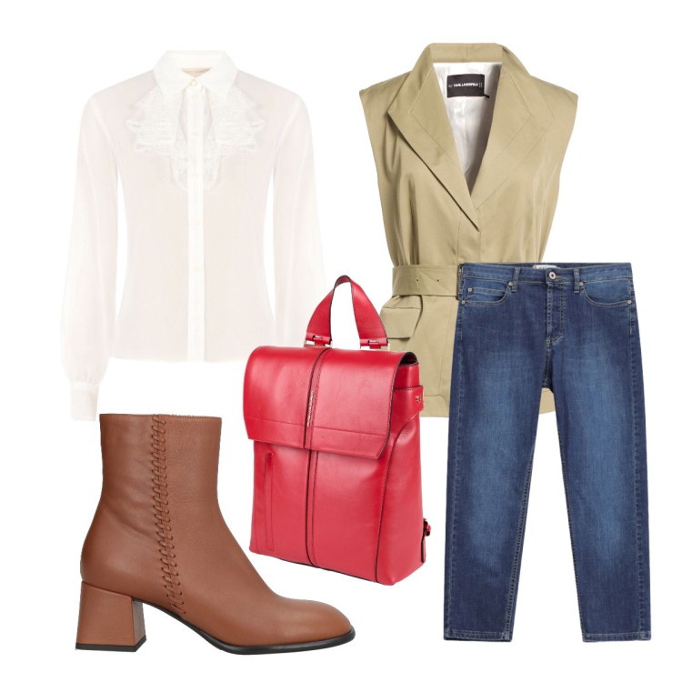 Outfit donna - Settembre. Stile Preppy per Ufficio. Abbinamento con zaini, cinture, stivaletti, camicie, jeans dritti.