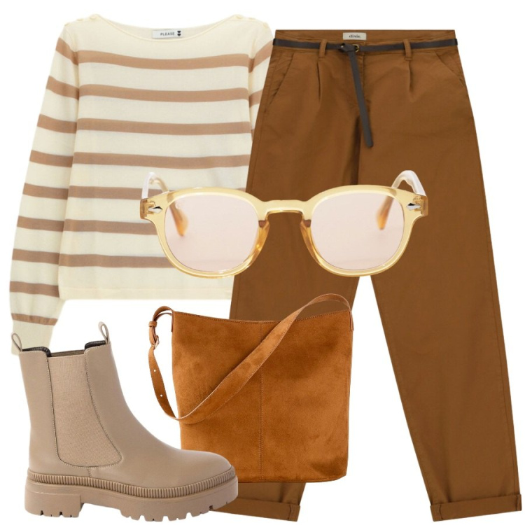 Outfit donna - Gita fuori porta. Stile Casual Abbinamento con borse a mano, stivaletti, occhiali da sole, maglieria, pantaloni.