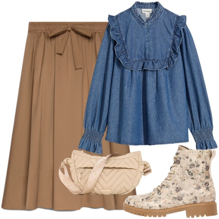 Outfit donna - Jeans e sabbia. Stile Romantica per Ufficio. Abbinamento con anfibi, camicie, marsupi, gonne lunghe.