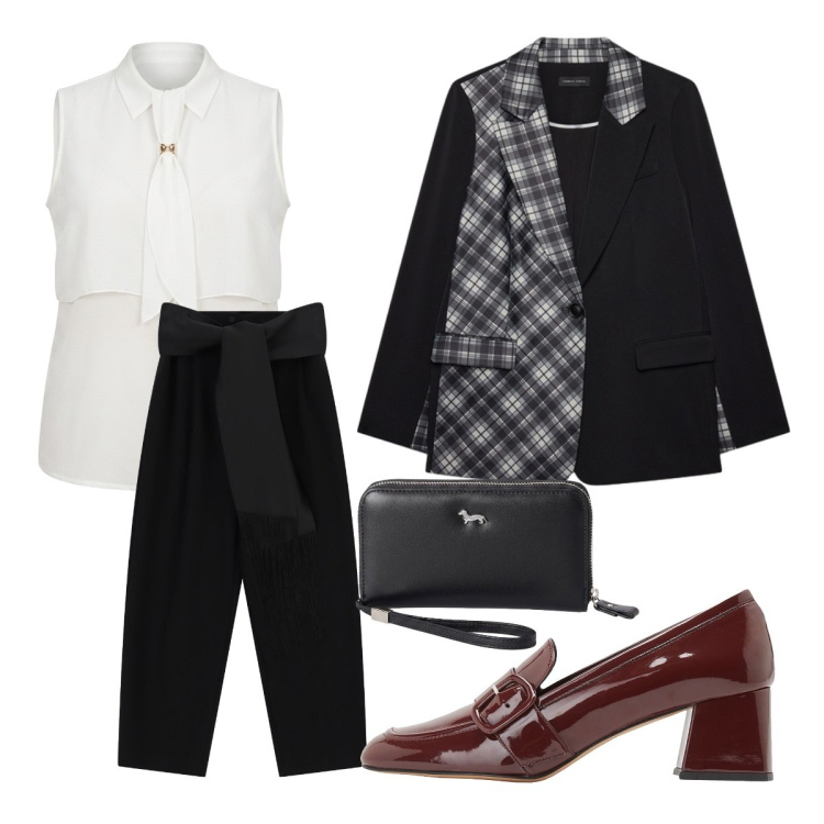 Outfit donna - Pantaloni con frange. Stile Mannish per Cerimonia. Abbinamento con mocassini, portafogli, pantaloni a palazzo, camicie a manica corta, blazer.