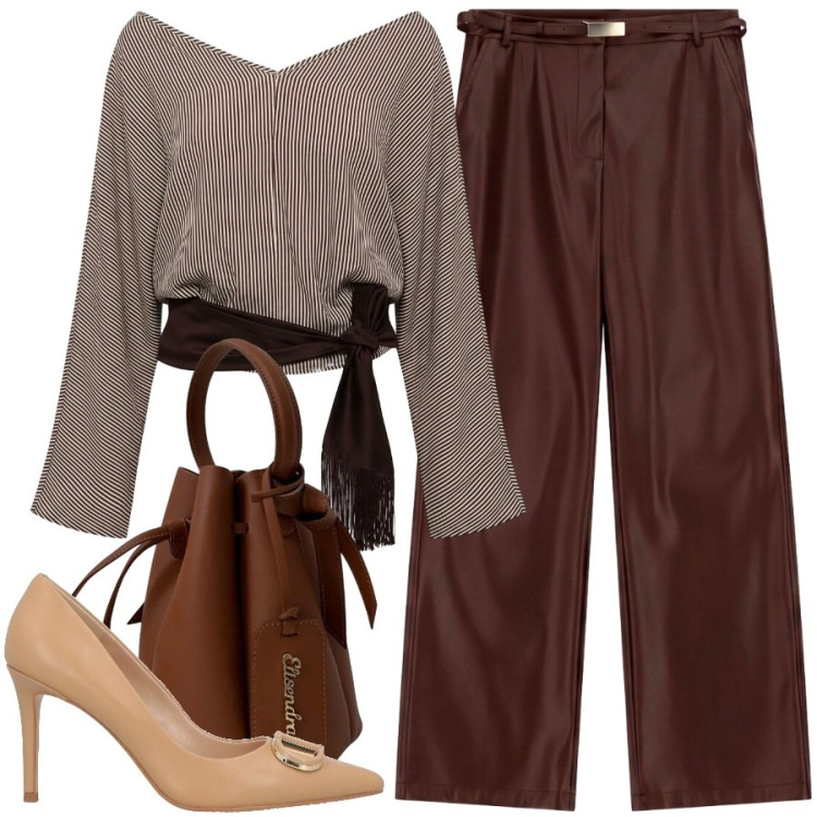 Outfit donna - Fashion in ufficio. Stile Chic per Ufficio. Abbinamento con décolleté, top, pantaloni, borse a secchiello.