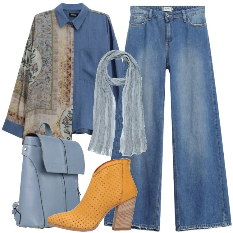 Outfit donna - Impeccabile in jeans. Stile Trendy per Ufficio. Abbinamento con stivaletti texani, sciarpe, zaini, jeans dritti, camicie.