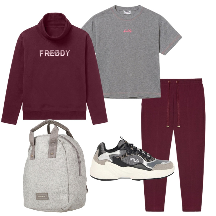 Outfit donna - Domenica pomeriggio. Stile Basic per Sport. Abbinamento con zaini, sneakers, felpe, t-shirt, pantaloni.